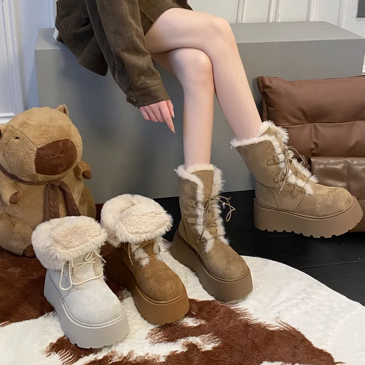 贾不假系带雪地靴女款2025新款冬季毛茸茸爆款厚底增高棉鞋高级感