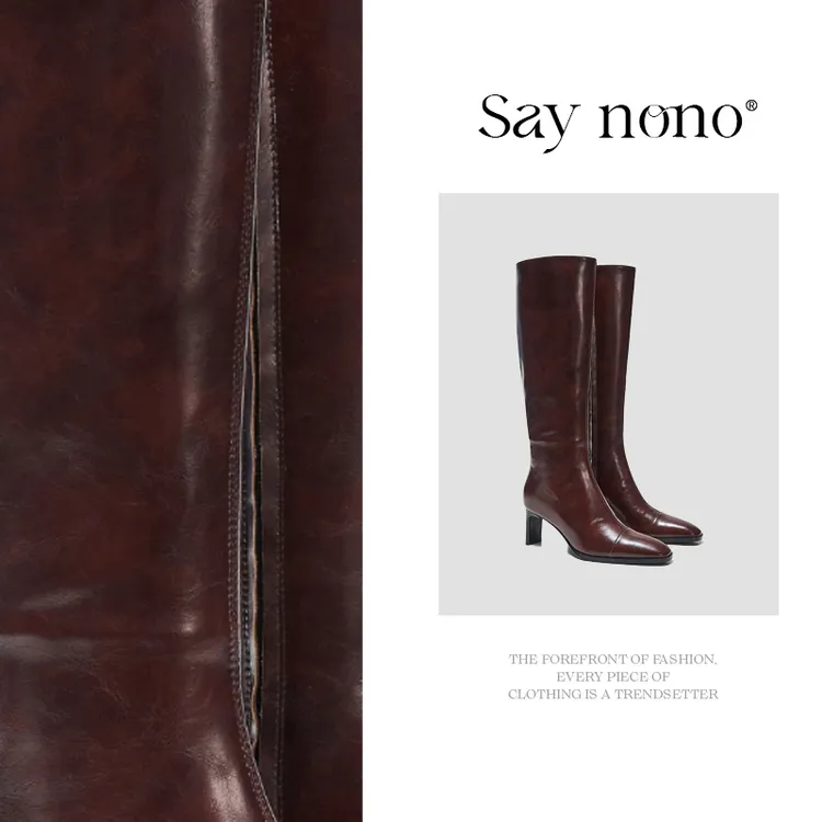 Say  nono  高筒方头粗跟侧拉链高跟不过膝百搭时装靴6.5cm