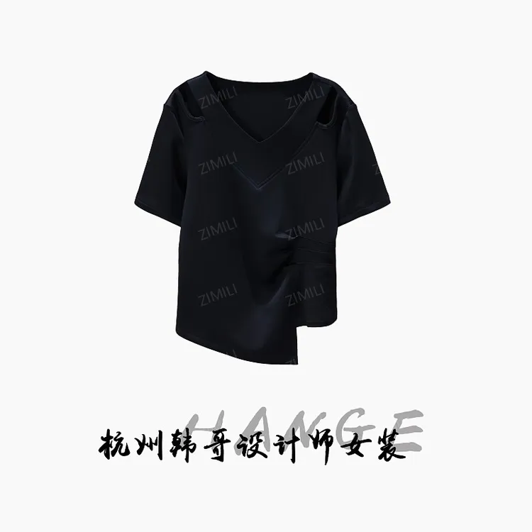 【韩哥女装】2025欧版重工设计黑色V领束腰显瘦时尚休闲短袖9605-C3