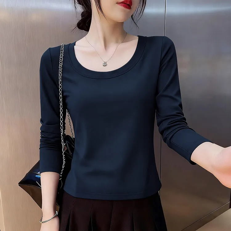 法式U领百搭长袖T恤女2025秋季新款修身显瘦内搭打底衫纯色上衣服