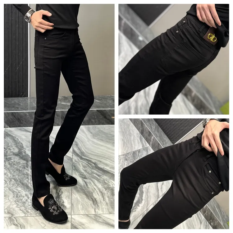 男士秋冬厚款加绒商务休闲牛仔裤弹力腰头修身显瘦小脚裤简约黑牛