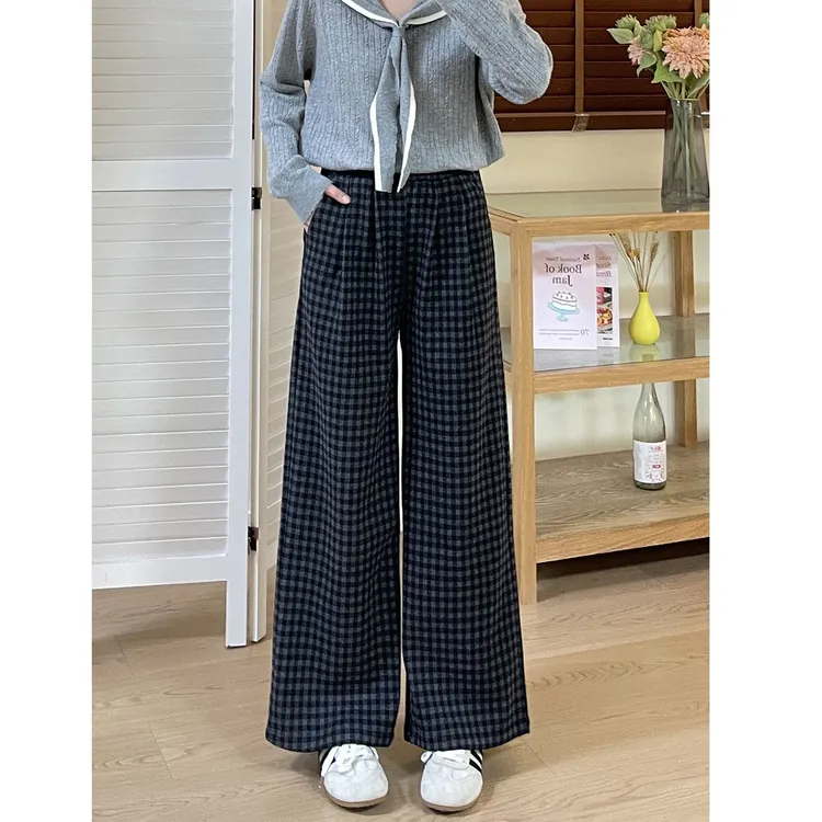 慵懒风格子毛呢阔腿裤女秋冬加绒大码胖mm宽松高腰显瘦直筒休闲裤