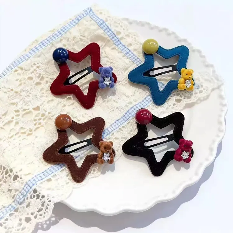 【植绒星星发夹】儿童植绒五角星星发夹可爱小熊侧边发卡子女童新款