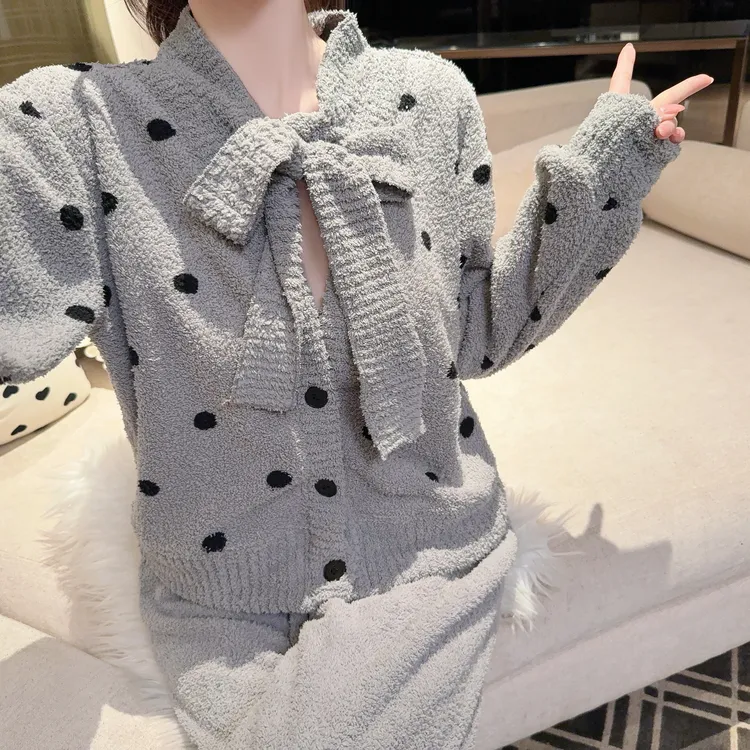 半边绒睡衣女秋冬季新款小香风套装珊瑚绒大码加绒加厚保暖家居服