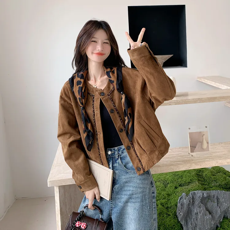 韩系设计感豹纹时尚麂皮绒短外套女2025新款秋季炸街圆领夹克上衣