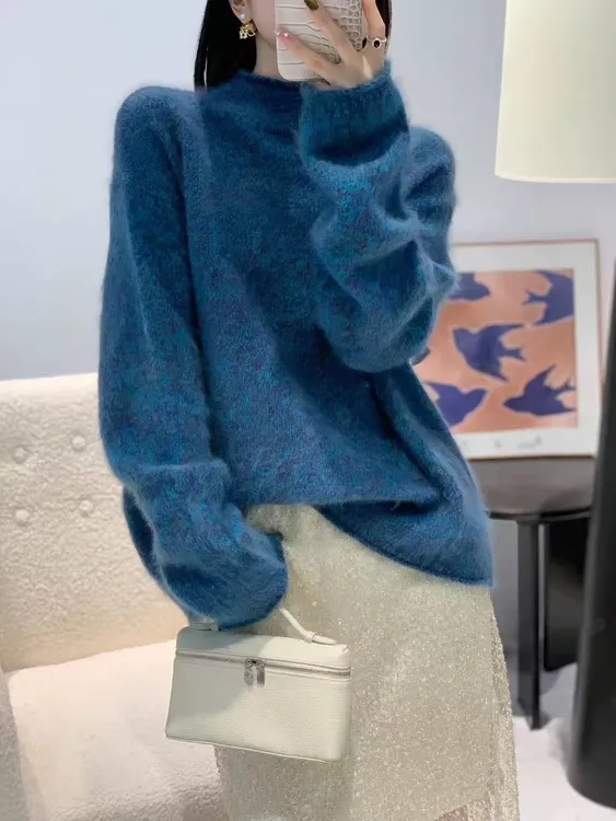 【蓝眼泪】羊绒拉绒花纱毛衣千金感堆堆自由领秋冬加厚百搭宽松毛衣
