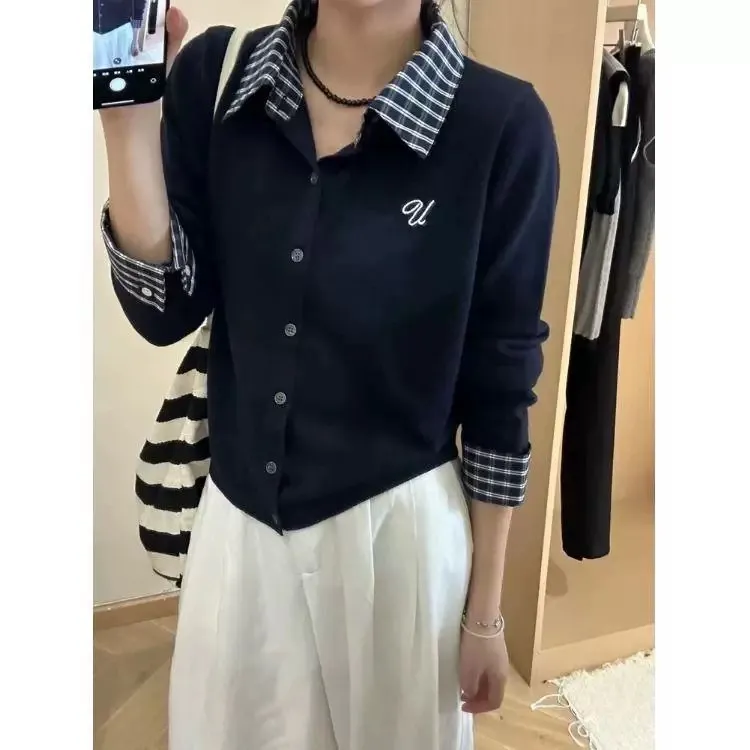 「小吴家」假两件拼接黑格子POLO领针织外套早秋女款长袖开衫上衣