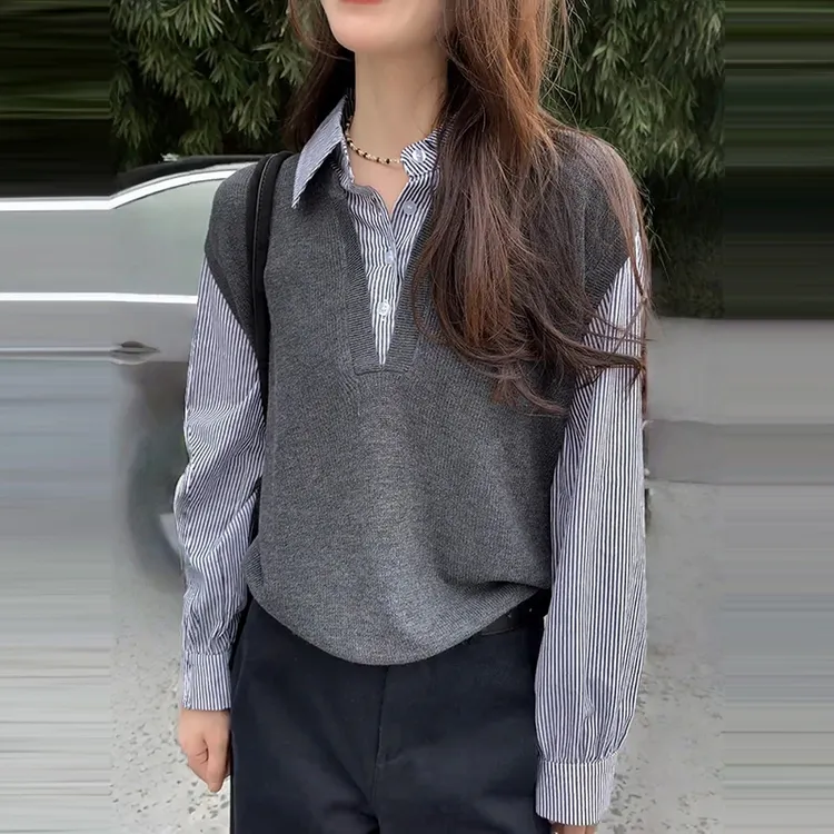 大码撞色条纹polo领假两件衬衫女早秋新款胖mm宽松显瘦小衫衬衣