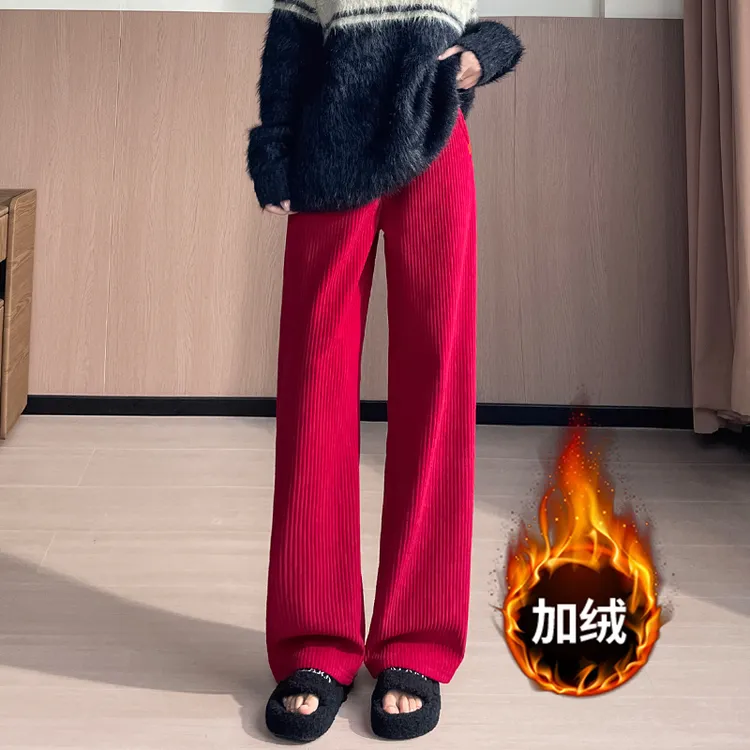新款裤女红色雪尼尔阔腿休闲裤加厚宽松显瘦直筒裤子秋冬裤阔腿裤