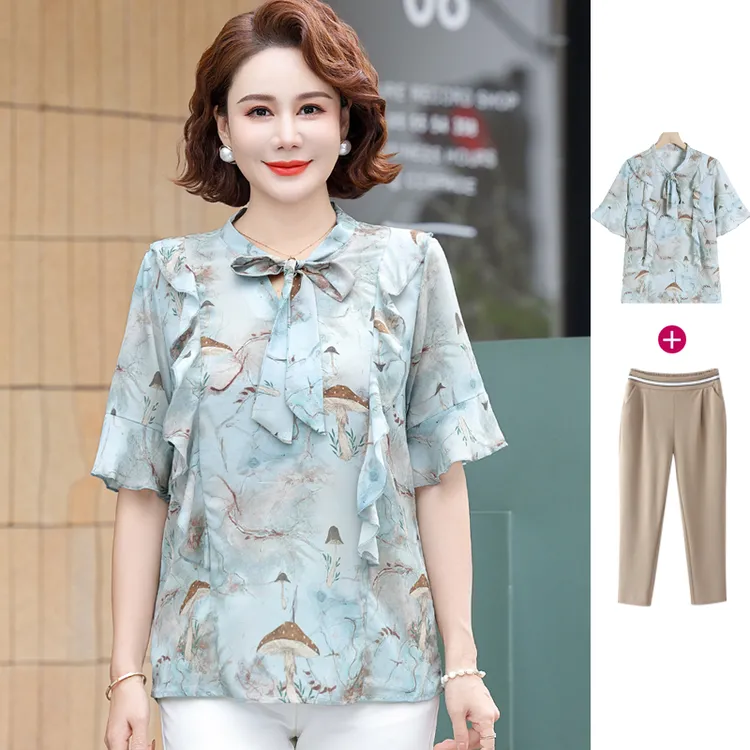 新款新款妈妈夏装洋气上衣中老年女短袖恤时尚雪纺小衫两件套装