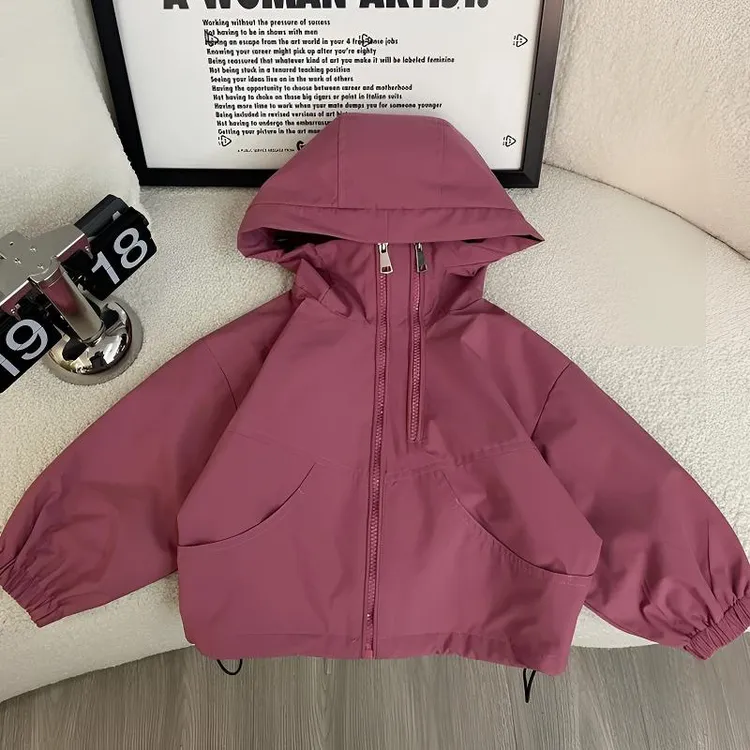 儿童外套2025新款春男女童连帽冲锋衣运动休闲韩版纯色洋气外套