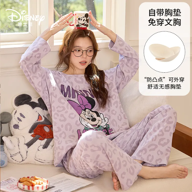 Disney迪士尼长袖青年秋冬带胸垫卡通学生外穿舒适纯棉家居服0234