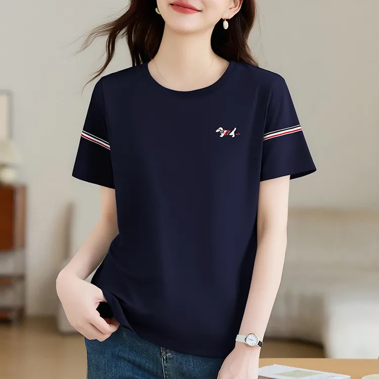 【运费补贴】精梳棉小狗图案T短袖t恤夏季正肩宽松上衣遮肉减龄女装