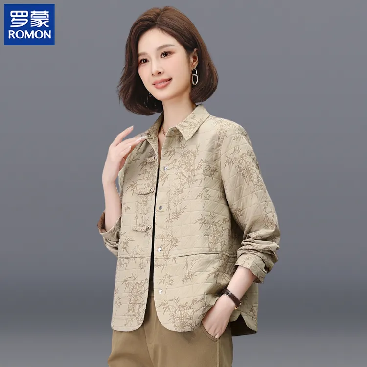 罗蒙高档妈妈秋装休闲翻领夹克中年国风上衣中老年女盘扣印花外套