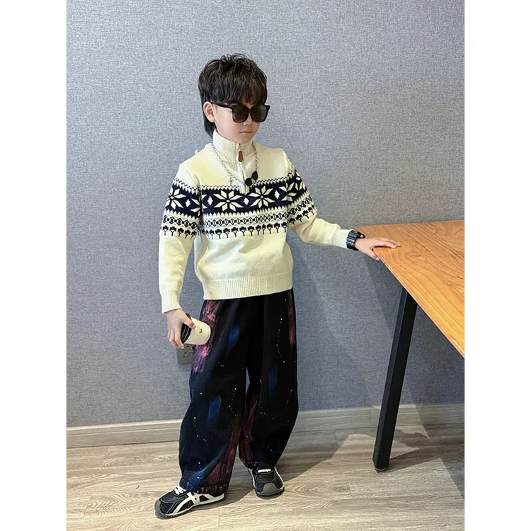 男童韩版宽松个性半拉链高领长袖针织衫费尔岛提花保暖洋气毛衣