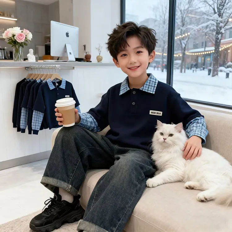 度度猫春秋冬新款童装中大童打底polo领毛衣外套百搭时尚针织衫