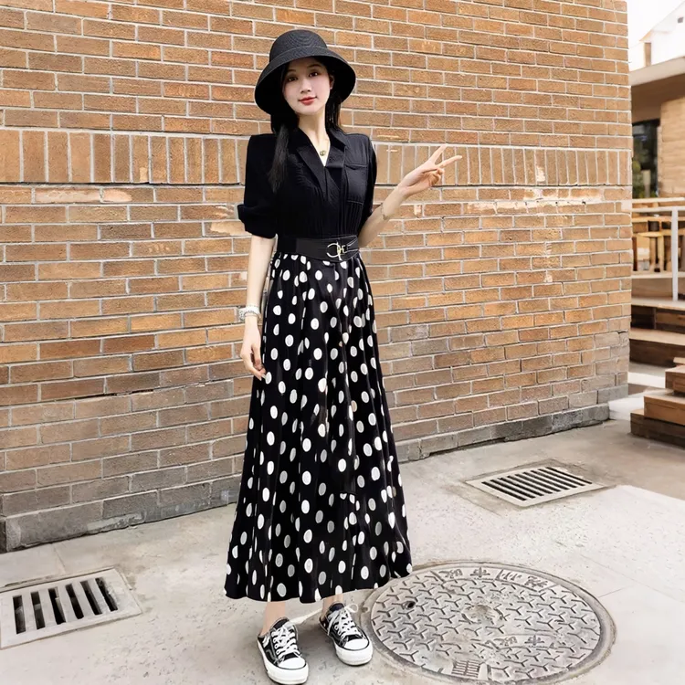 【送腰带】夏季新款法式优雅拼接波点大摆连衣裙D2109