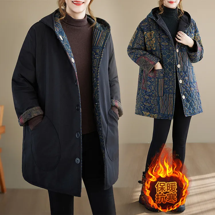 冬新款双面穿高端复古连帽中长棉服外套女2025女爆款宽松显瘦棉衣