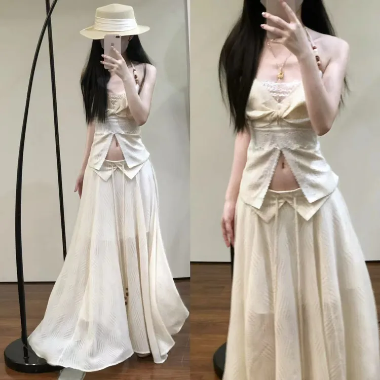 【朦胧心动】串珠度假感蕾丝吊带➕飘逸显瘦半身长裙套装8717