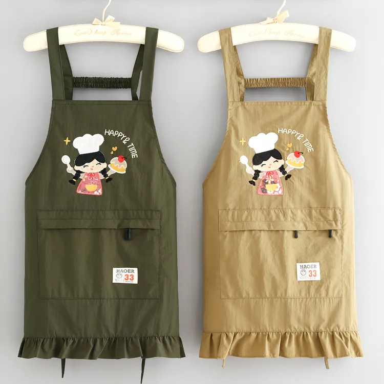 日系刺绣厨房围裙防污耐脏餐饮饭店上班工作服女家用做饭成人围腰