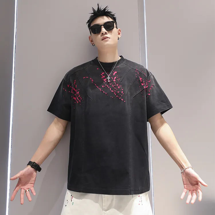 特大码300斤男女水洗破洞小领口重磅时尚短袖T恤夏季复古美式体恤