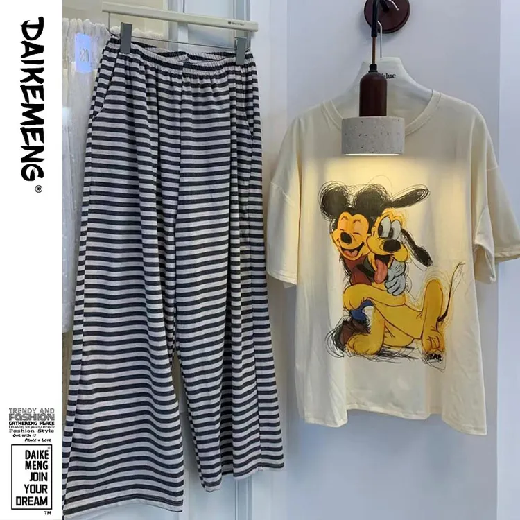 ins韩系慵懒感简约条纹卡通短袖长裤套装夏款透气亲肤家居服外穿