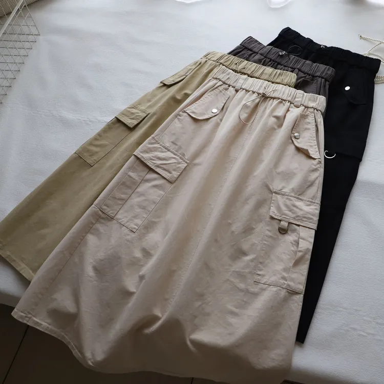 2025春季新款韩系松紧高腰A字显瘦中长款开叉半身裙女3165