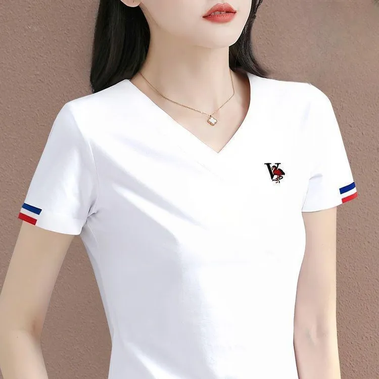 2026夏季新款休闲百搭短袖T恤时尚V领修身显瘦高贵洋气女装简约商品图