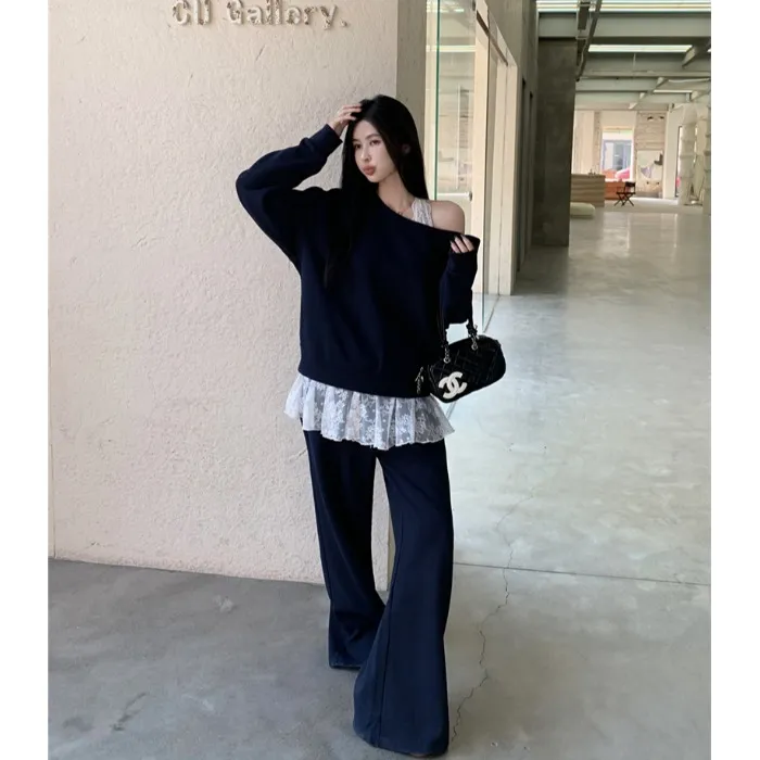 藏青色辣妹斜肩长袖卫衣蕾丝挂脖背心女秋季套装休闲阔腿裤三件套
