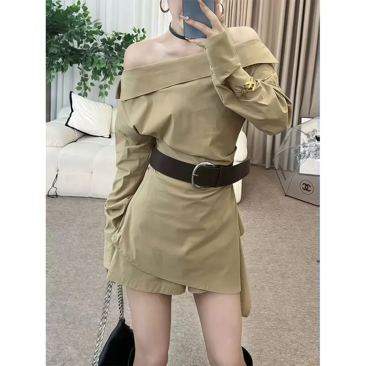 纯欲风气质斜肩长袖衬衫女秋季新款修身显瘦高级感高腰短裤两件套