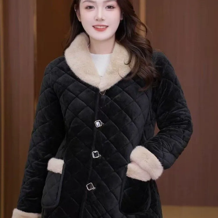 2025中老年妈妈冬季加绒加厚保暖棉衣套装时尚大码显瘦气质两件套