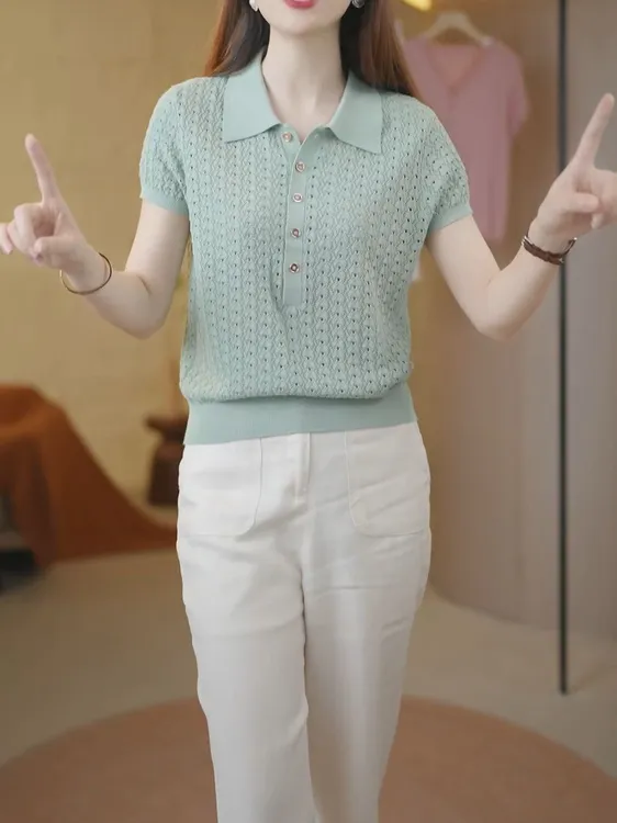 天丝+桑蚕丝夏季Polo领纯色镂空针织衫2025新款宽松百搭气质上衣
