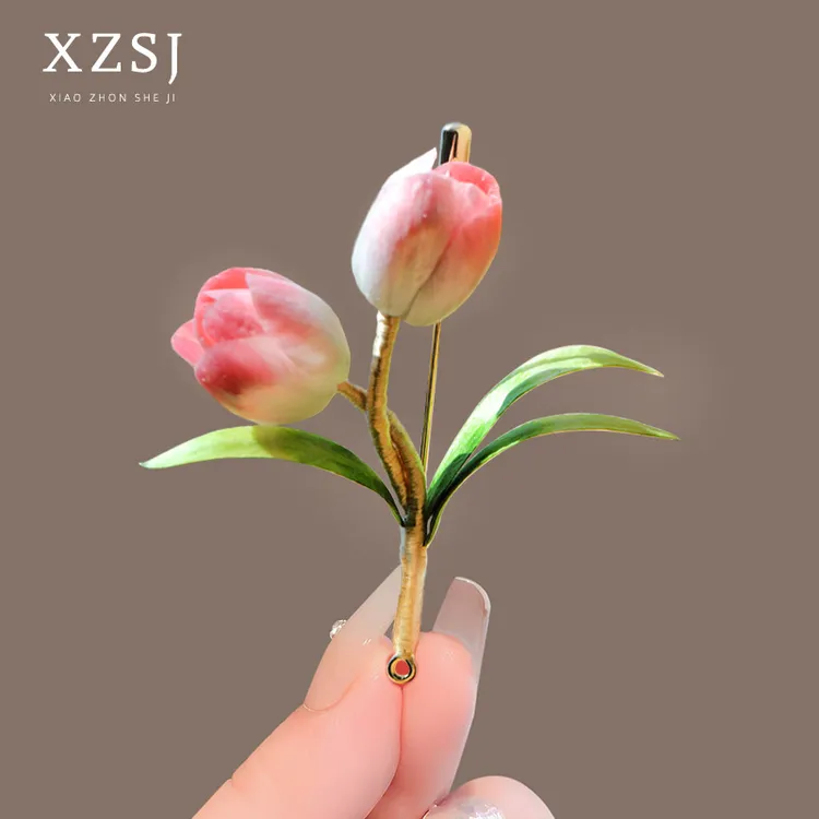 铜胸针 手工蚕丝非遗绒花胸花优雅精致郁金香别针新中式旗袍配饰