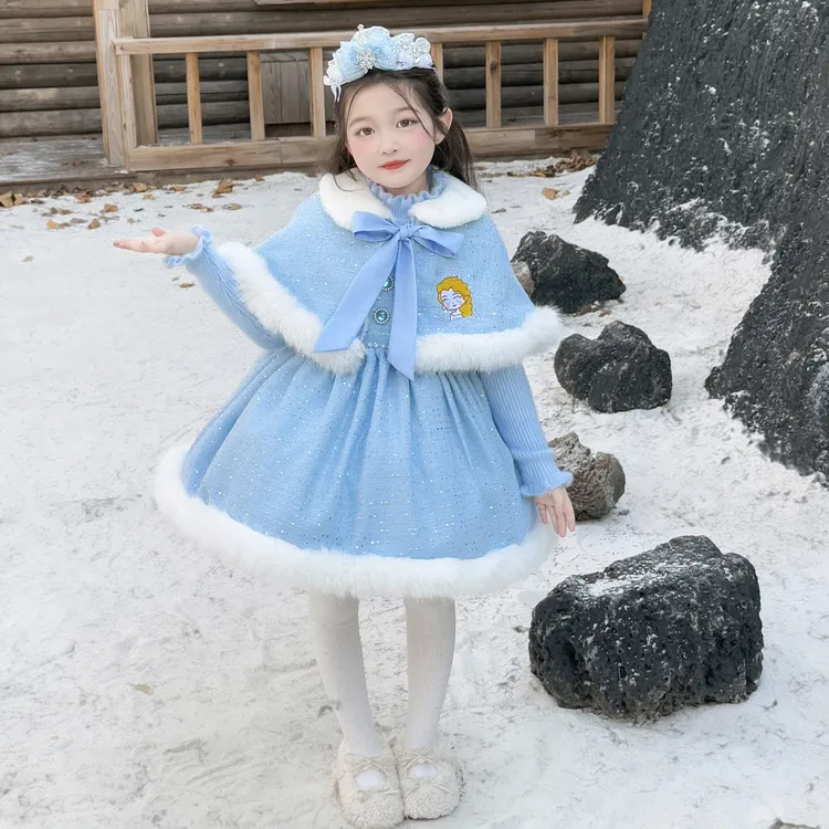 女童冰雪奇缘爱莎公主连衣裙秋冬加绒加厚保暖蓝色长裙洋气公主裙