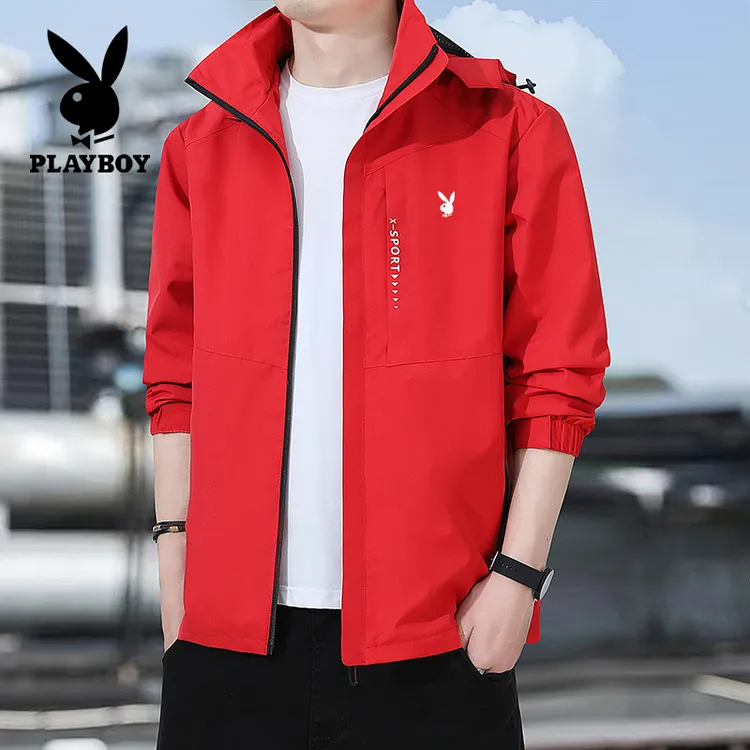 【薄厚可选】PLAYBOY/花花公子夹克外套男士春秋季大码冲锋衣可卸帽