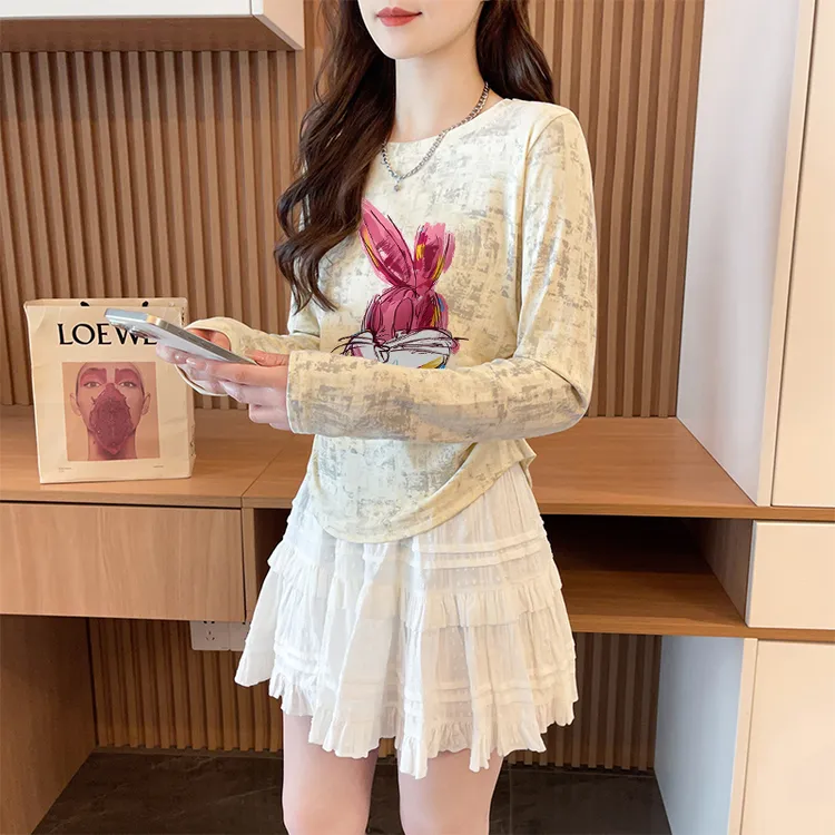 2025早秋季扎染褶皱圆领打底衫长袖T恤女小众修身显瘦遮肉上衣ins