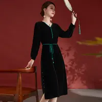 水墨佳人桑蚕丝丝绒显瘦气质高贵时尚复古连衣裙82497998