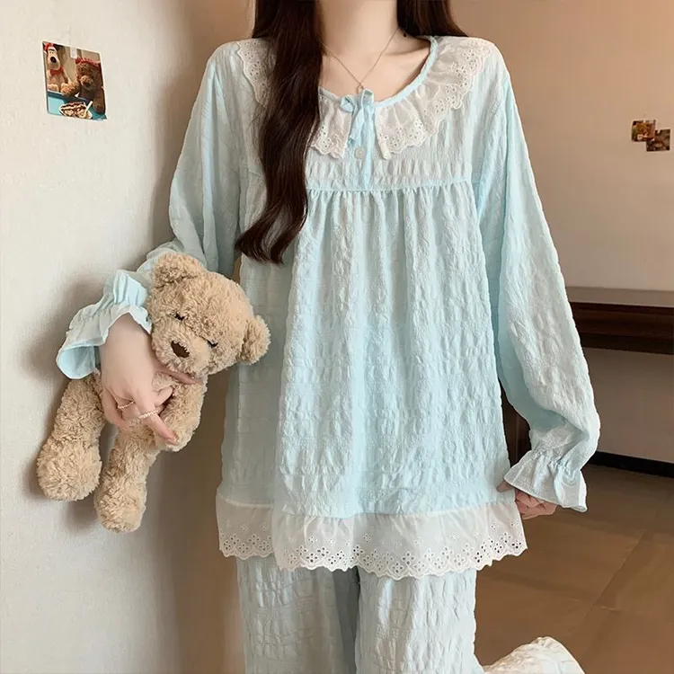 睡衣女秋季新款云朵棉长袖长裤圆领薄款甜美少女公主风家居服套装