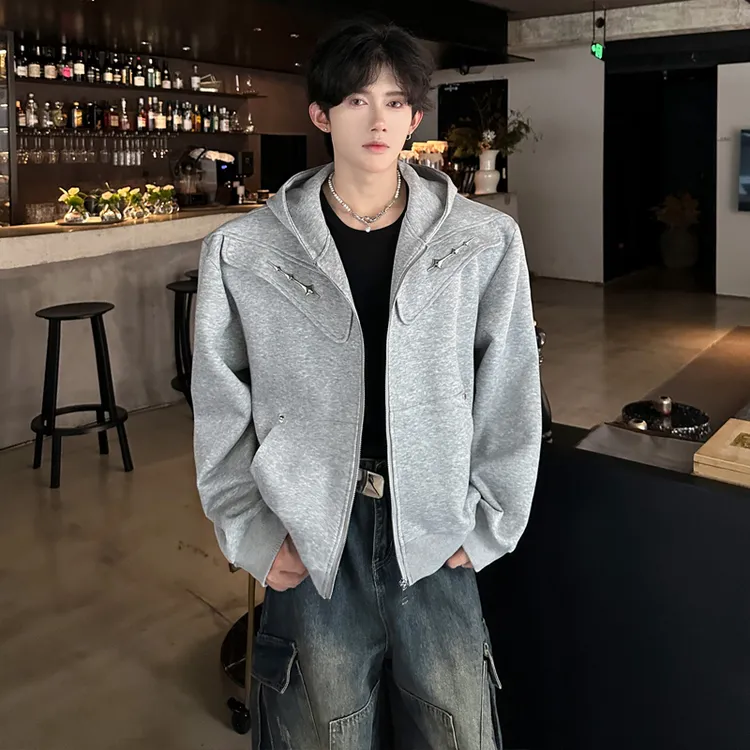 美式重磅垫肩开衫卫衣男连帽秋季痞帅高级感boxy廓形短款解构外套