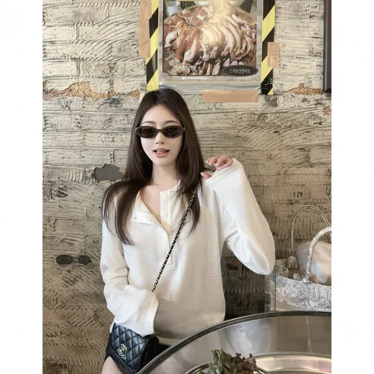 【亨利衫】舒适风华夫格宽松慵懒长袖T恤上衣女纯色卫衣显瘦秋季