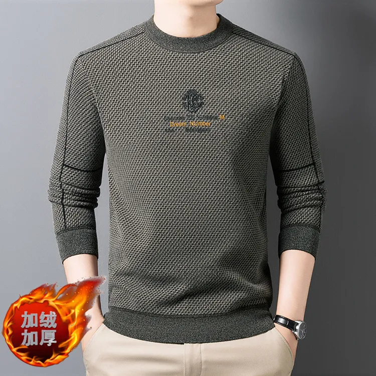 冬季新款绒男士圆领毛衣中年休闲套头加绒保暖针织打底毛衫男加厚
