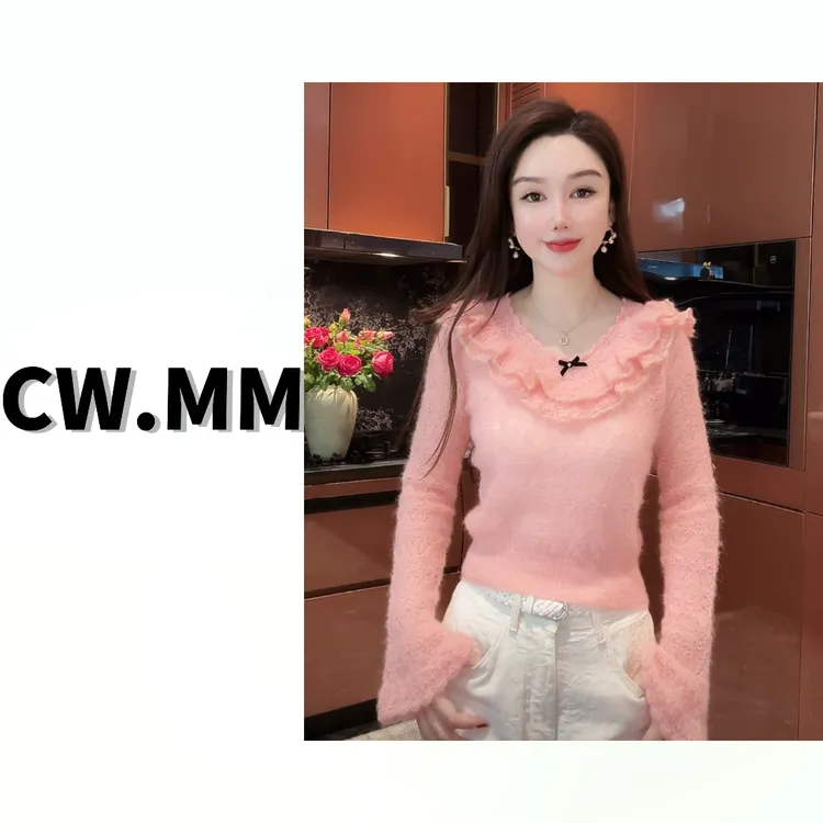 CW.MM 【温柔生长】秋冬纯色木耳边蝴蝶结修身保暖毛衣上衣