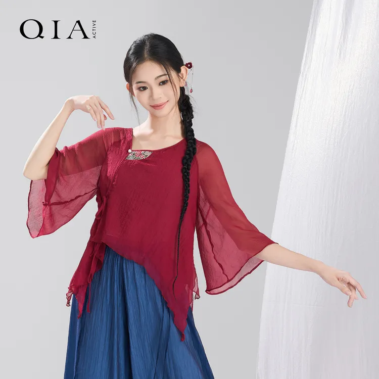 琪亚舞蹈服红色飘逸刺绣纱衣飘逸古典舞服中国舞喇叭袖上衣练功服