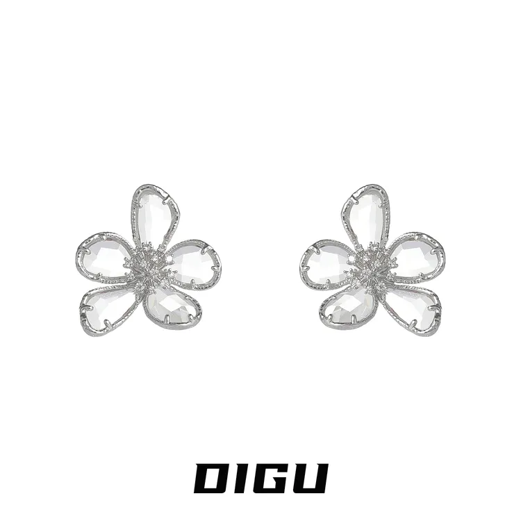 嘀咕家 铜合金合成锆石耳饰 轻奢透明花朵耳环高级感花瓣耳钉耳饰