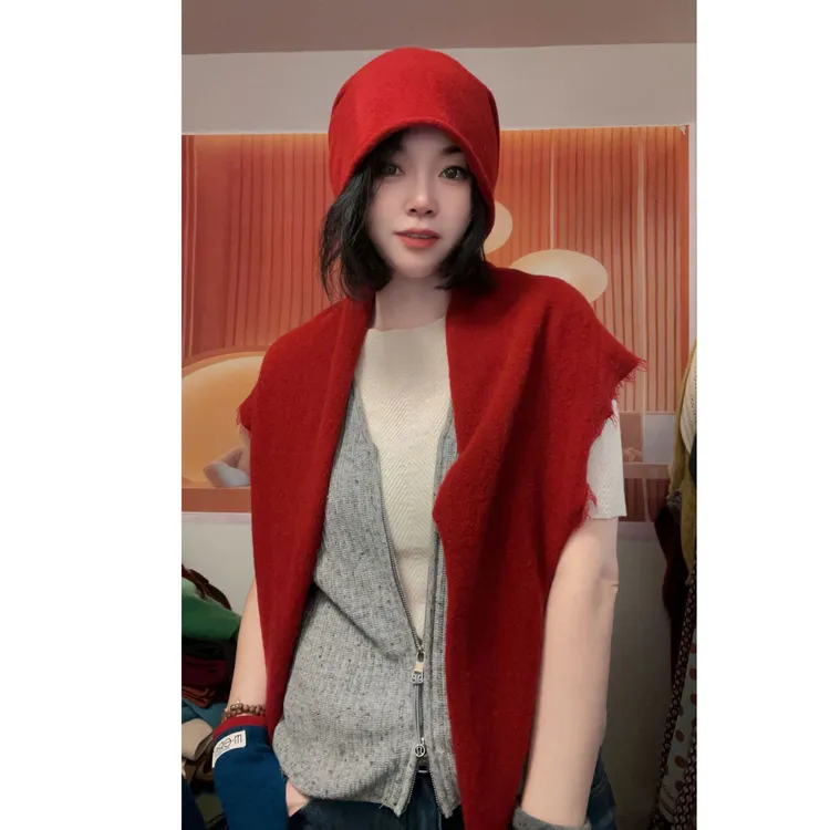 三角巾带须边 180×47cm 保暖女法式纯色围巾外搭双面搭肩披肩红色