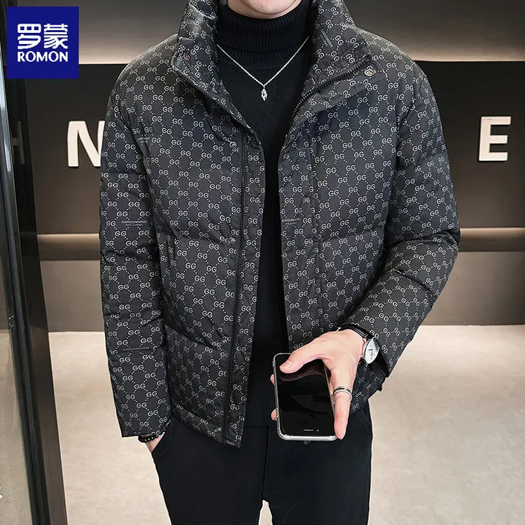 罗蒙2025冬季新款字母立领羽绒服男士韩版时尚潮流保暖御寒外套