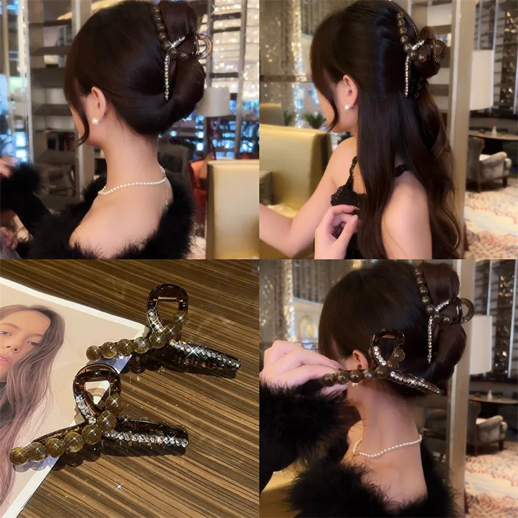 熹金2025新款高级感珠珠发夹女大号发抓时尚后脑勺盘发鲨鱼夹发饰