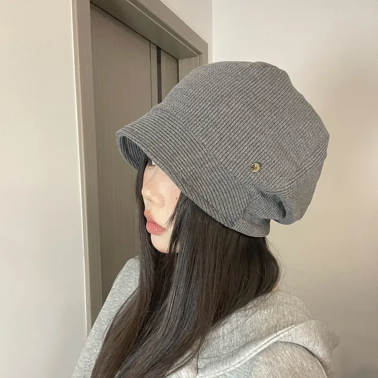 韩系灰色冷帽女2025年新款秋冬堆堆帽宽松显脸小百搭保暖包头帽子