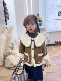 2025新款时尚韩版中大童加厚皮毛一体大领子外套