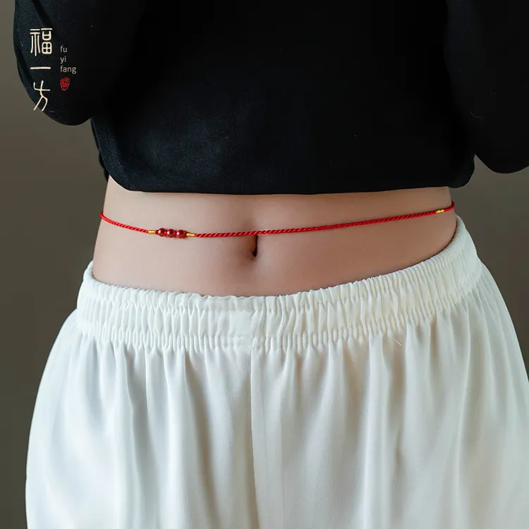 天然辰砂蛇年本命年红绳腰链可调节手工编织腰绳红天然红辰砂手链